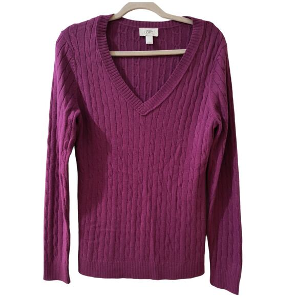 Ann Taylor Loft Sweater Women's Size L Purple Cable Knit Long Sleeve V Neck - Picture 4 of 14